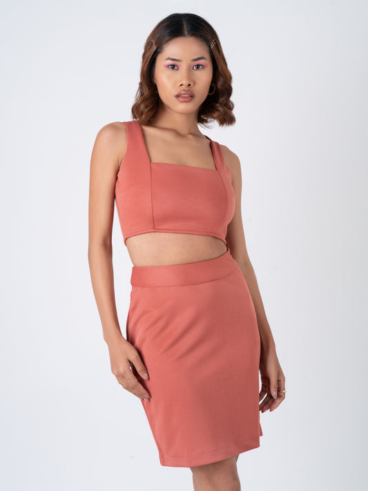 Solid Form Fitted Crop Top & Skirt Co-Ord set - Dusky Rose
