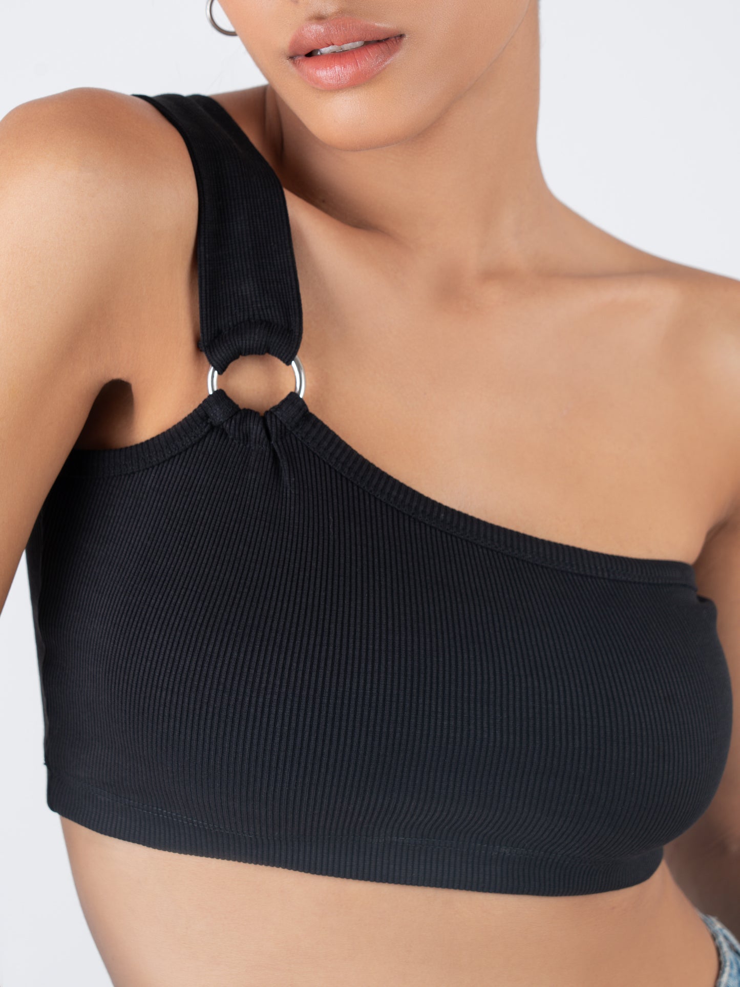 One Shoulder Crop Top - Black