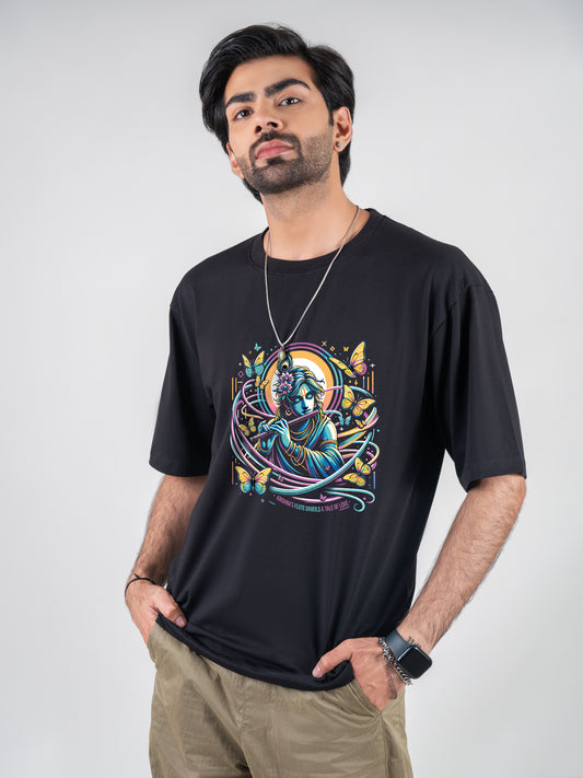 Krishna Flute Black DropShoulder T-Shirt