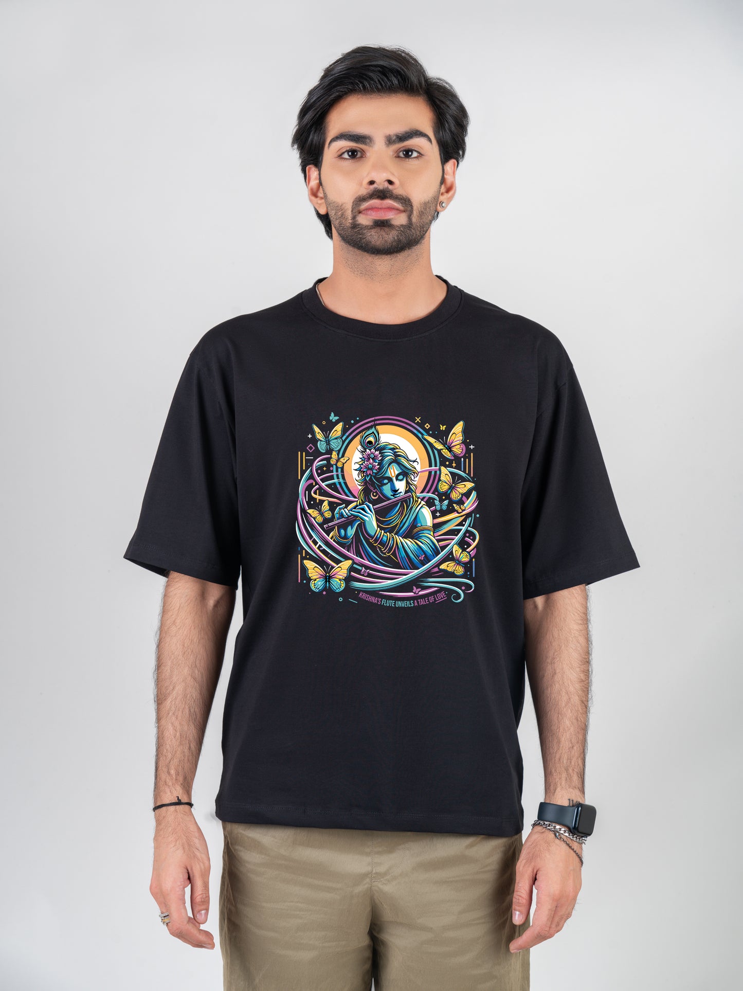 Krishna Flute Black DropShoulder T-Shirt