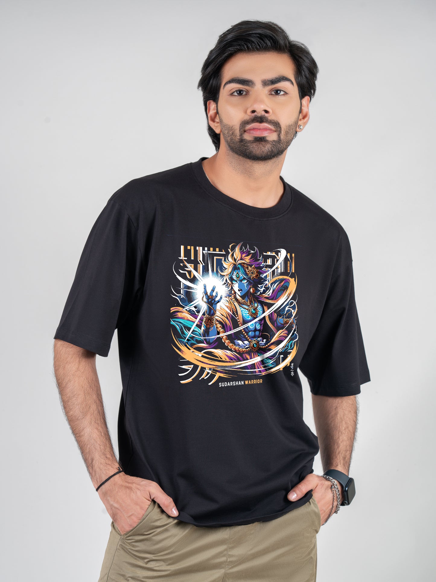 Sudarshan Warrior Vishnu Black DropShoulder T-Shirt