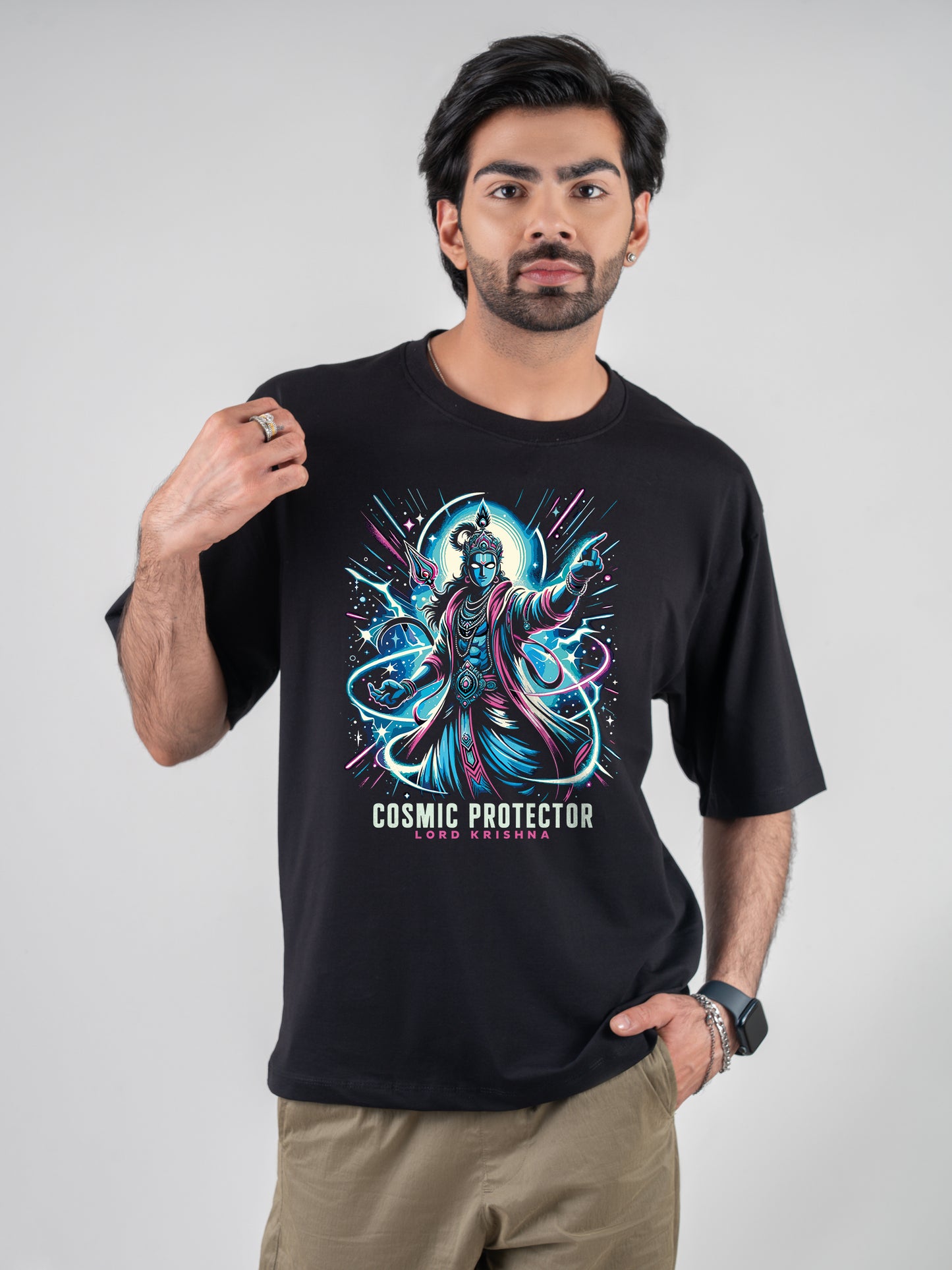 Cosmic Protector Lord Krishna Black DropShoulder T-Shirt