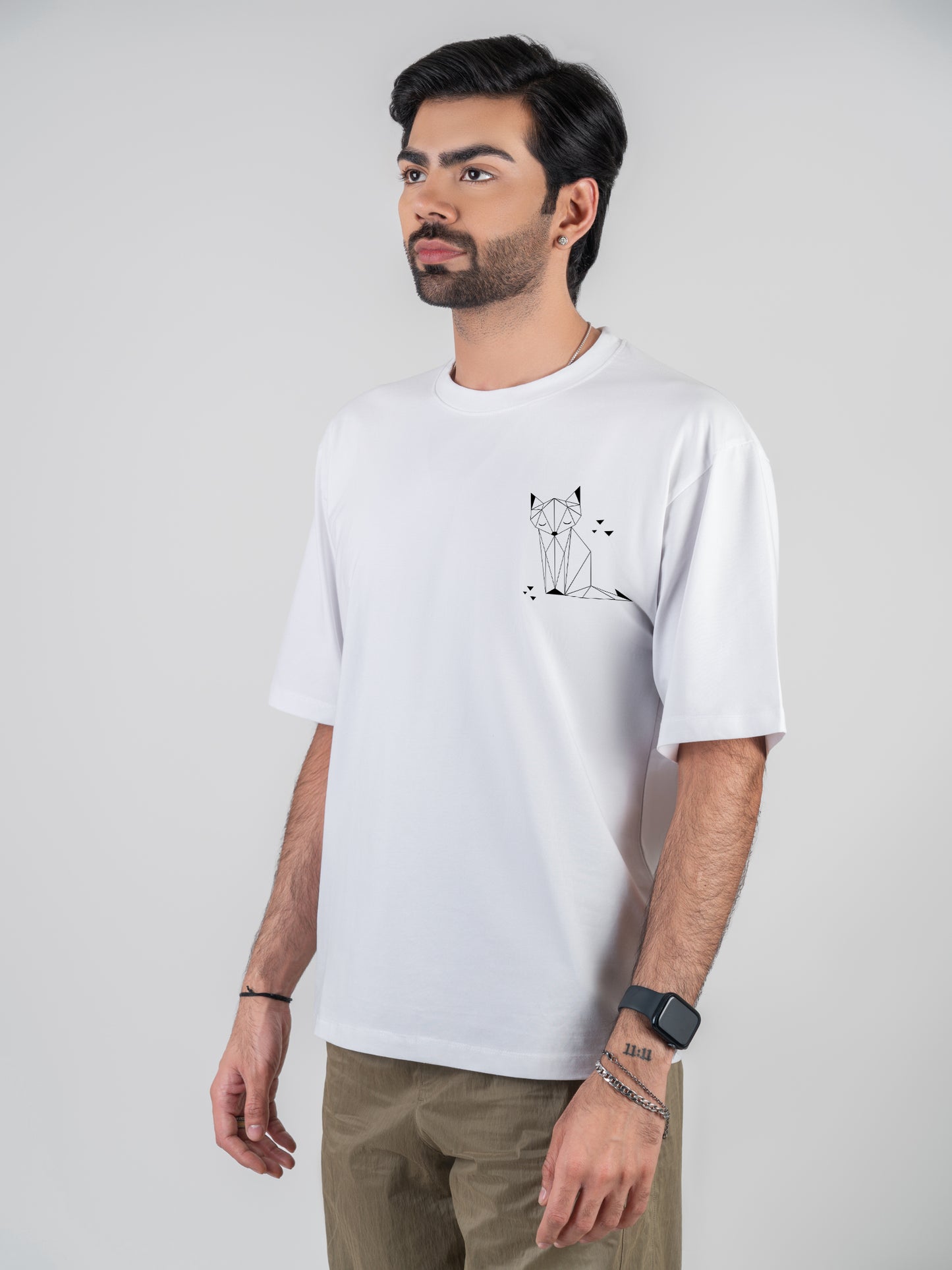 Fox Drop-shoulder white Cotten T-Shirt