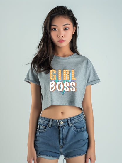 Girl Boss DropShoulder Crop Tee In Grey Melange