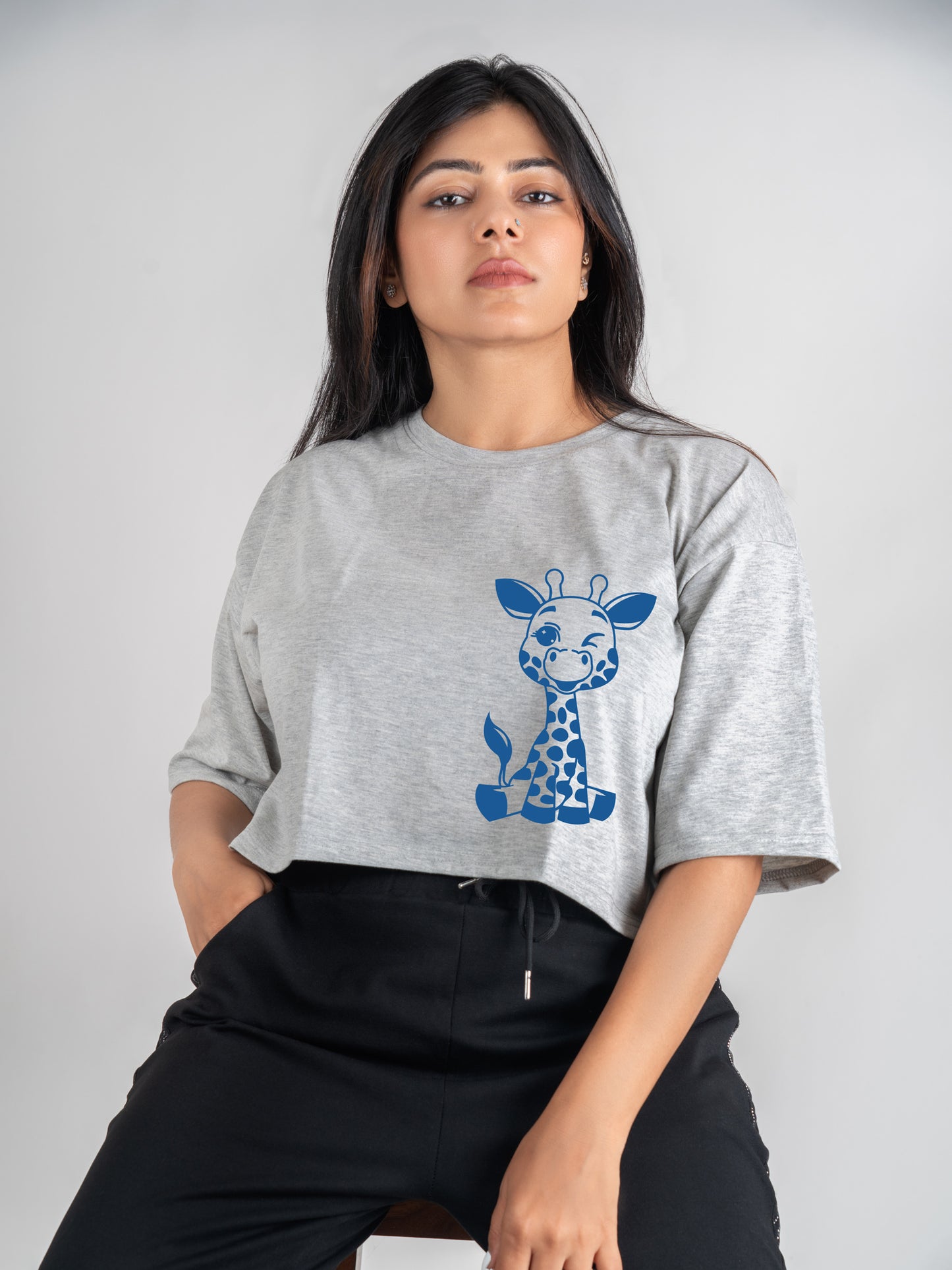 Baby Giraffe DropShoulder Crop Tee In Grey Melange