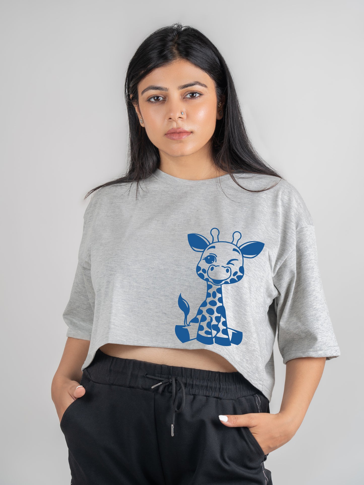 Baby Giraffe DropShoulder Crop Tee In Grey Melange