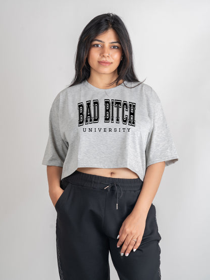 Bad Bitch DropShoulder Crop Tee In Grey Melange