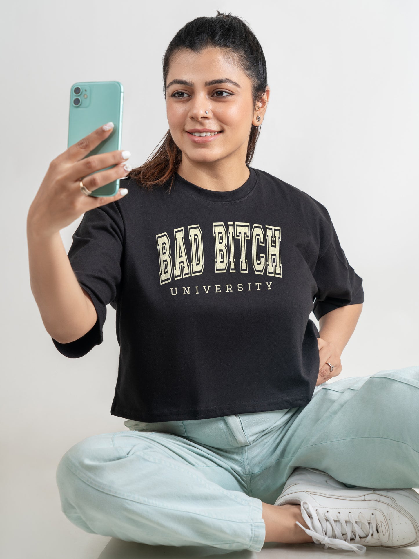 Bad Bitch DropShoulder Crop Tee In Black