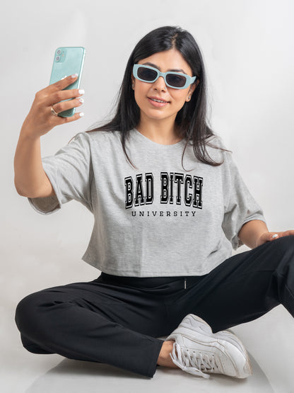 Bad Bitch DropShoulder Crop Tee In Grey Melange