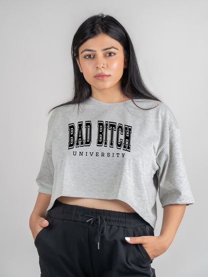 Bad Bitch DropShoulder Crop Tee In Grey Melange