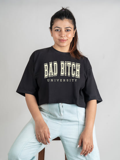 Bad Bitch DropShoulder Crop Tee In Black