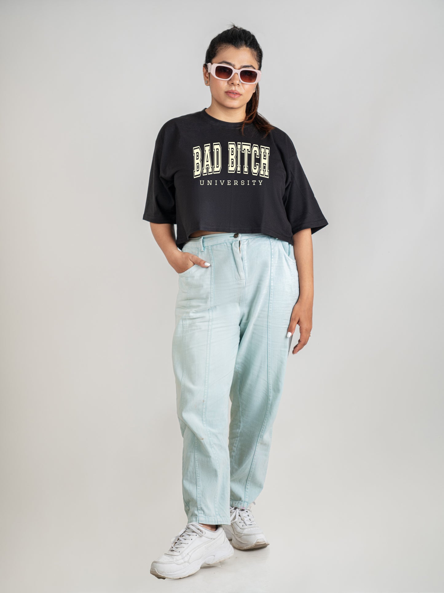 Bad Bitch DropShoulder Crop Tee In Black