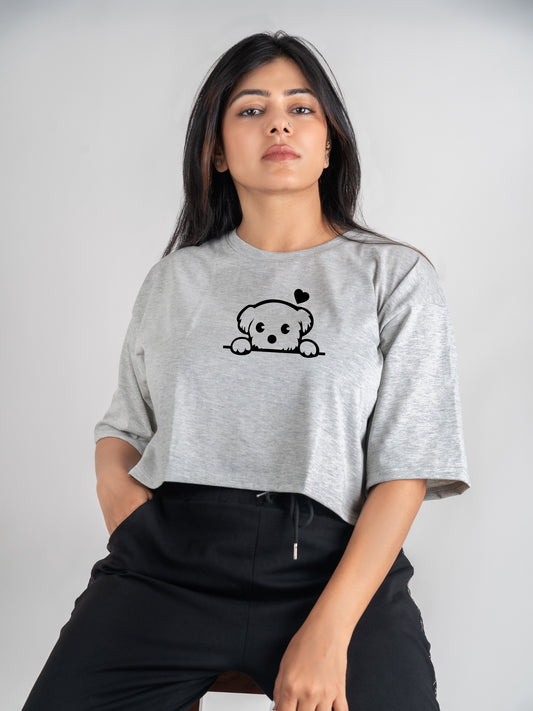 Cute Dog DropShoulder Crop Tee In Grey Melange