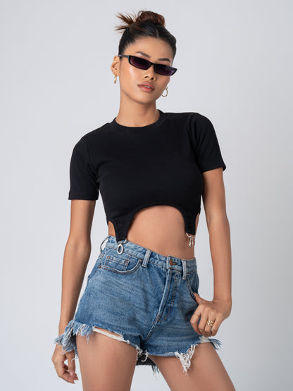 Black Rib Crop Top With Hook