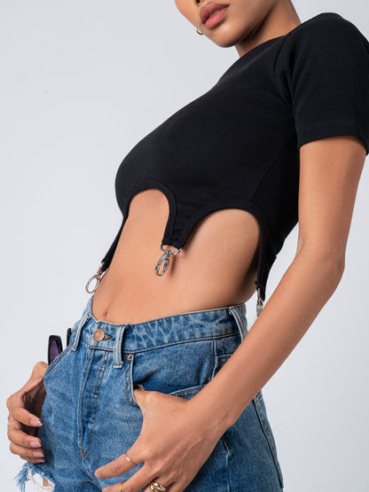 Black Rib Crop Top With Hook