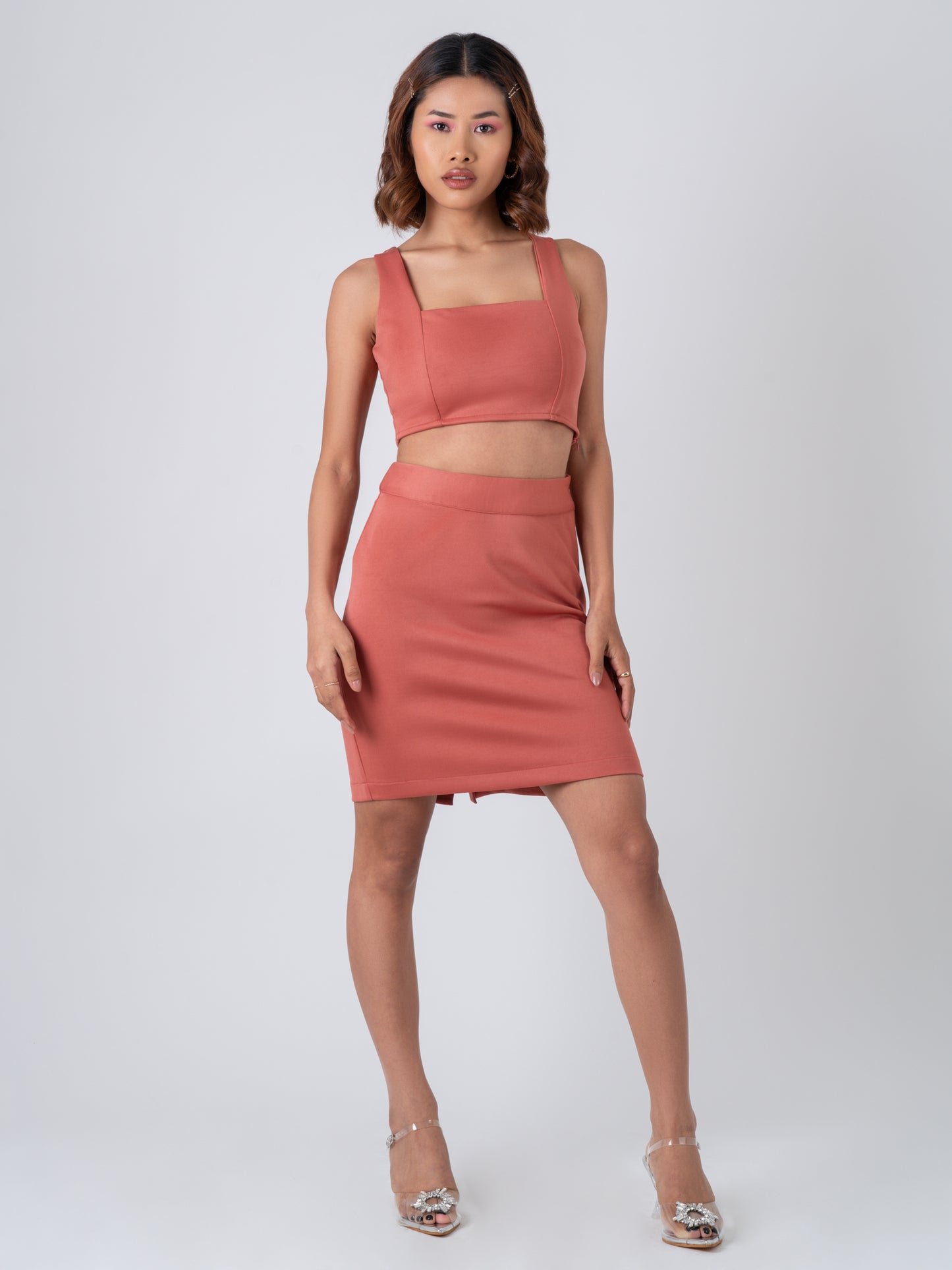 Solid Form Fitted Crop Top & Skirt Co-Ord set - Dusky Rose