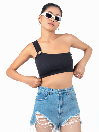 One Shoulder Crop Top - Black