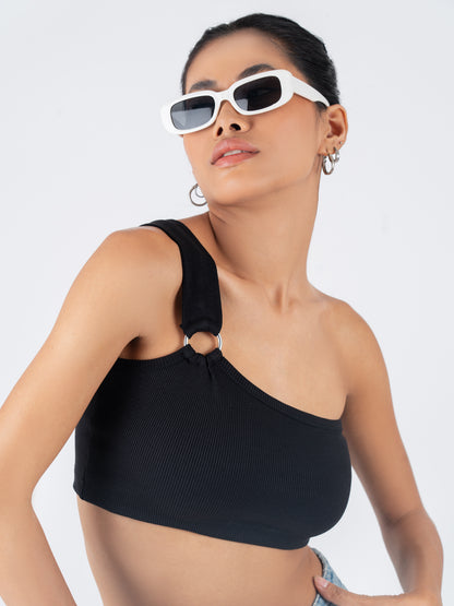 One Shoulder Crop Top - Black