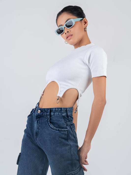 White Rib Crop Top With Hook