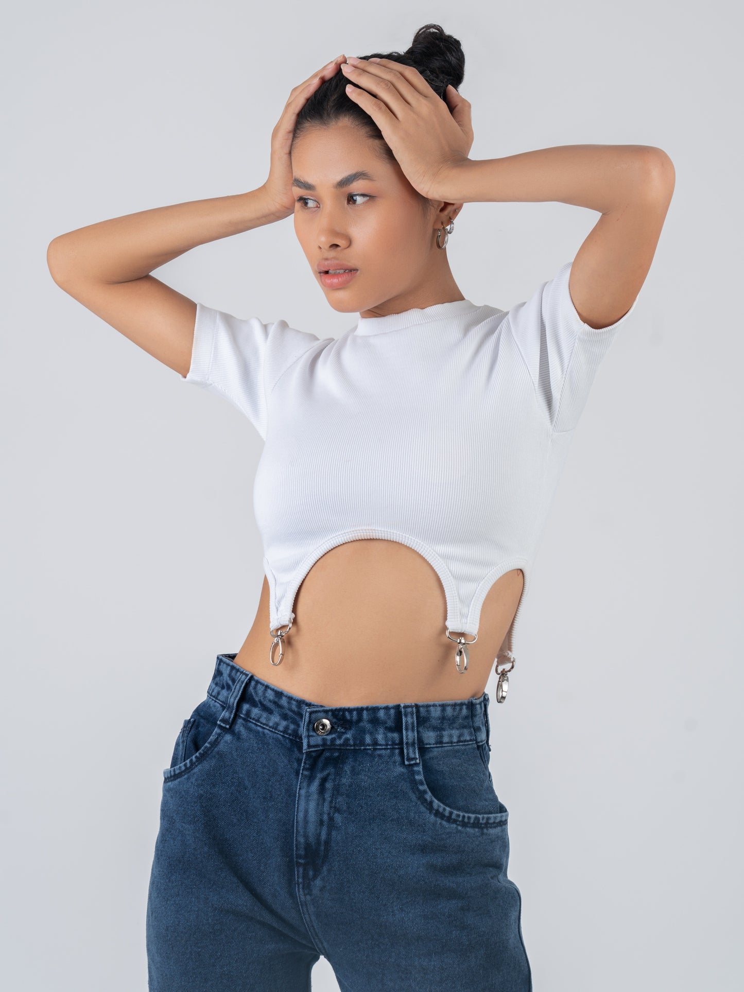 White Rib Crop Top With Hook