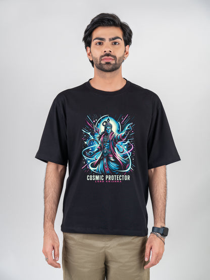 Cosmic Protector Lord Krishna Black DropShoulder T-Shirt