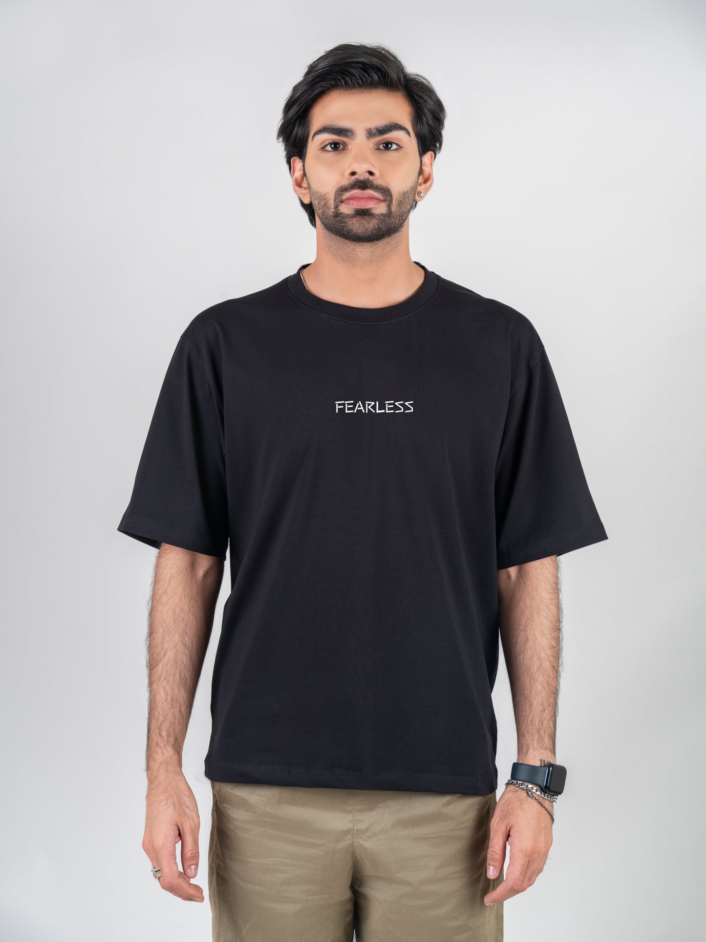Classic Fearless Drop-shoulder Black Cotten T-Shirt