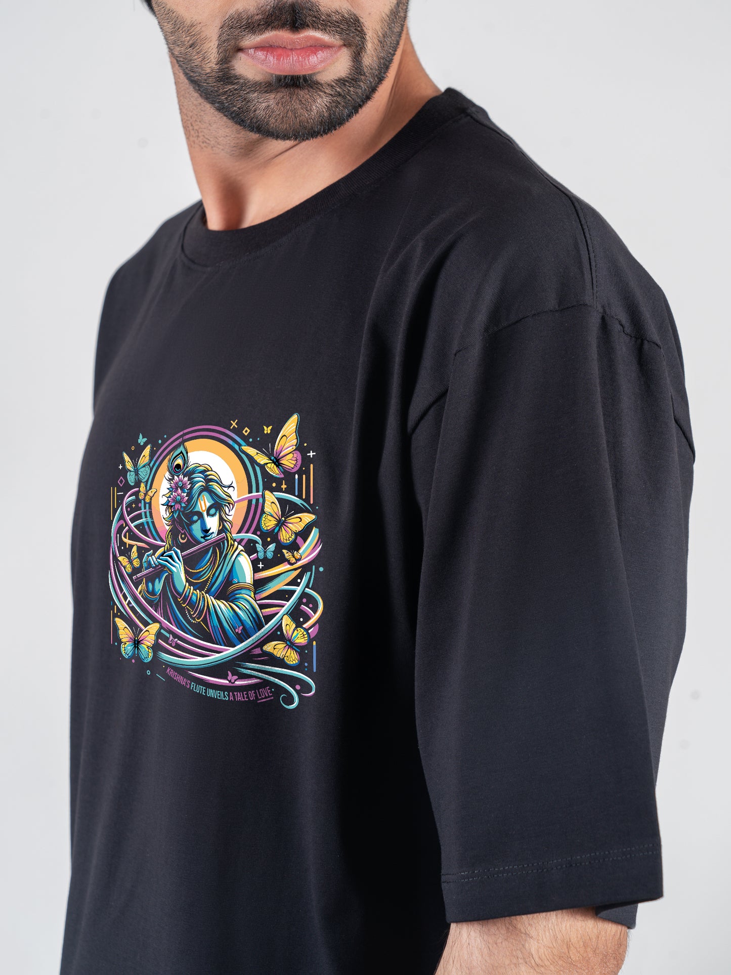 Krishna Flute Black DropShoulder T-Shirt