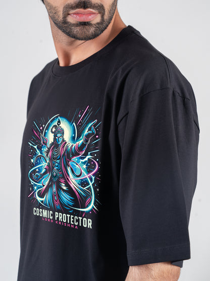 Cosmic Protector Lord Krishna Black DropShoulder T-Shirt