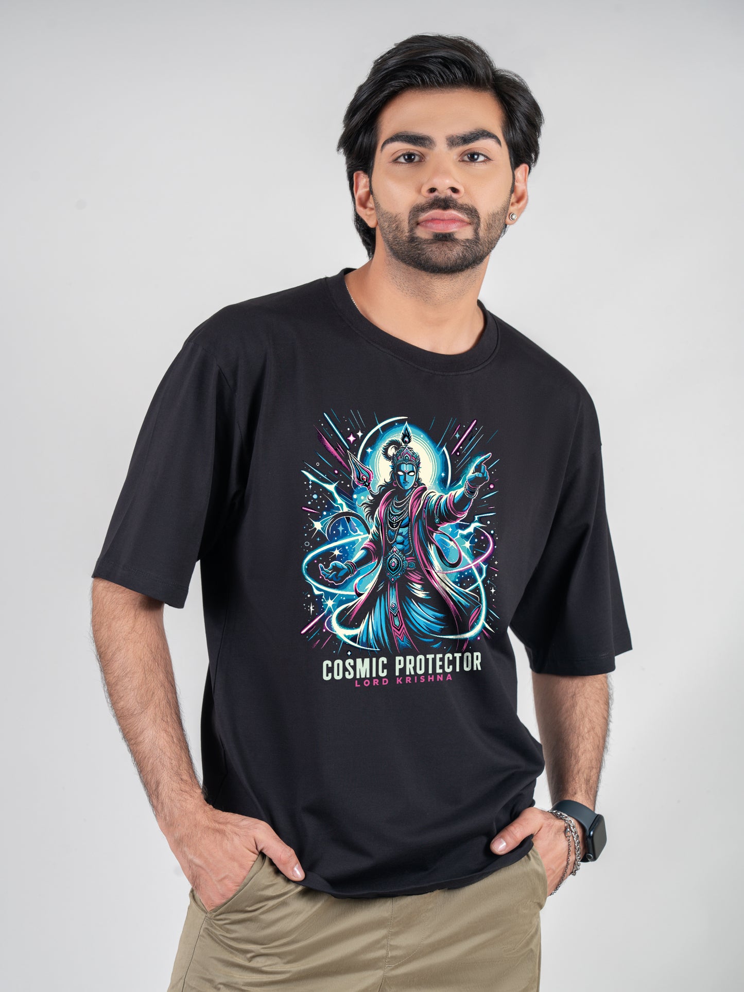 Cosmic Protector Lord Krishna Black DropShoulder T-Shirt