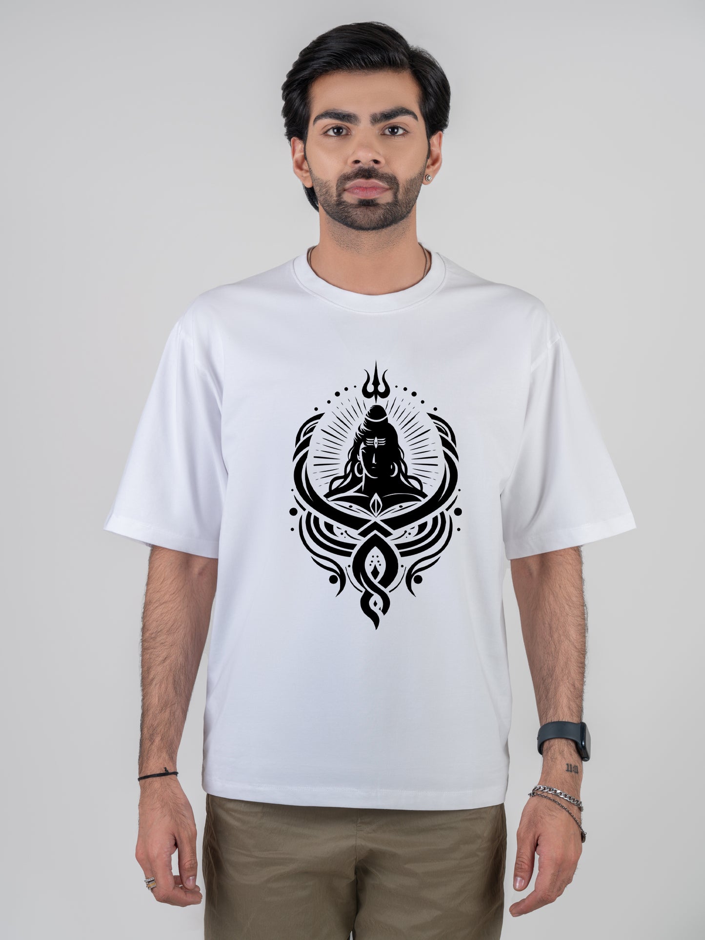 Shiva Trident Cotton Dropshoulder White T-shirt