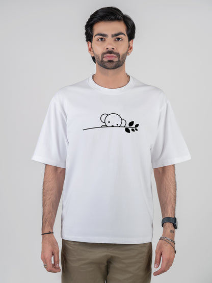 Koala Drop-shoulder White Cotten T-Shirt