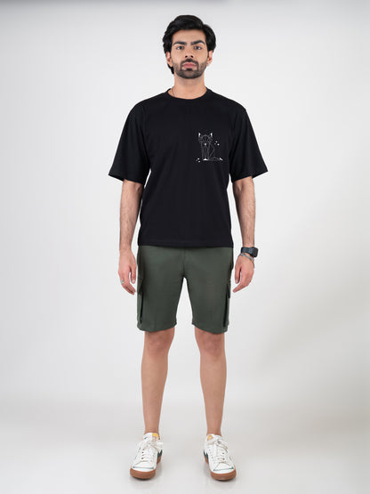 Fox Drop-shoulder Black Cotten T-Shirt