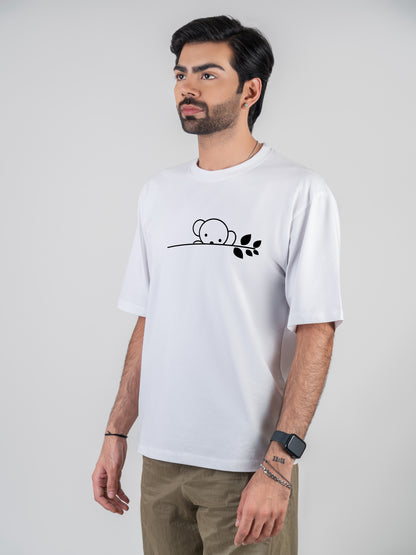 Koala Drop-shoulder White Cotten T-Shirt