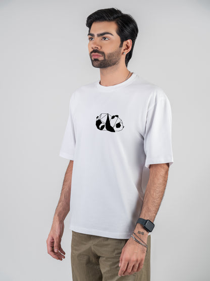 Panda Drop-shoulder White Cotten T-Shirt