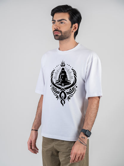 Shiva Trident Cotton Dropshoulder White T-shirt