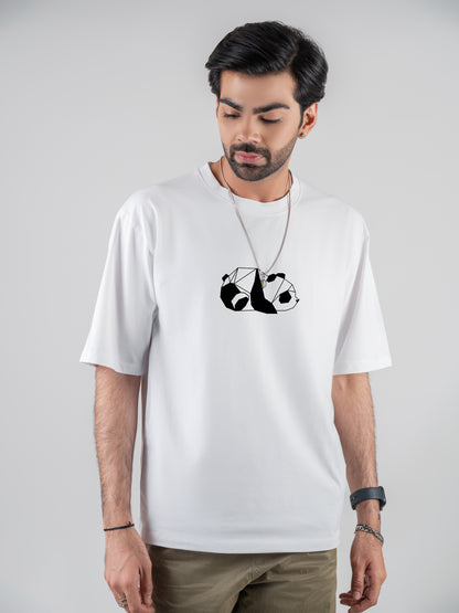 Panda Drop-shoulder White Cotten T-Shirt