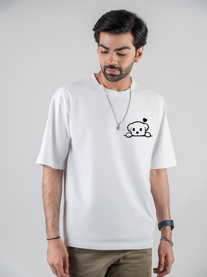 Cute Dog Drop-shoulder Cotten White T-Shirt