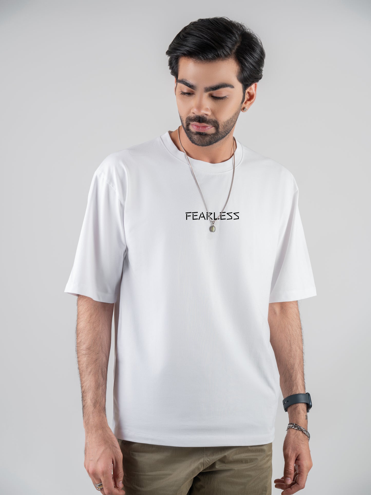 Classic Fearless Drop-shoulder white Cotten T-Shirt