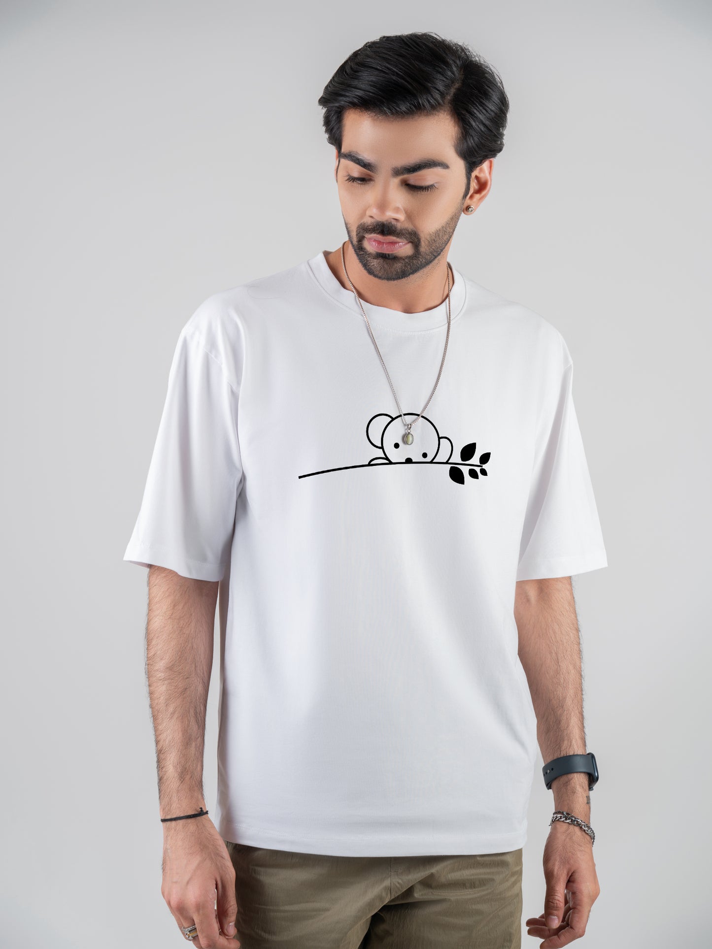 Koala Drop-shoulder White Cotten T-Shirt