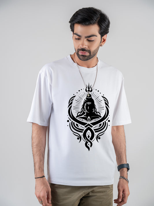 Shiva Trident Cotton Dropshoulder White T-shirt