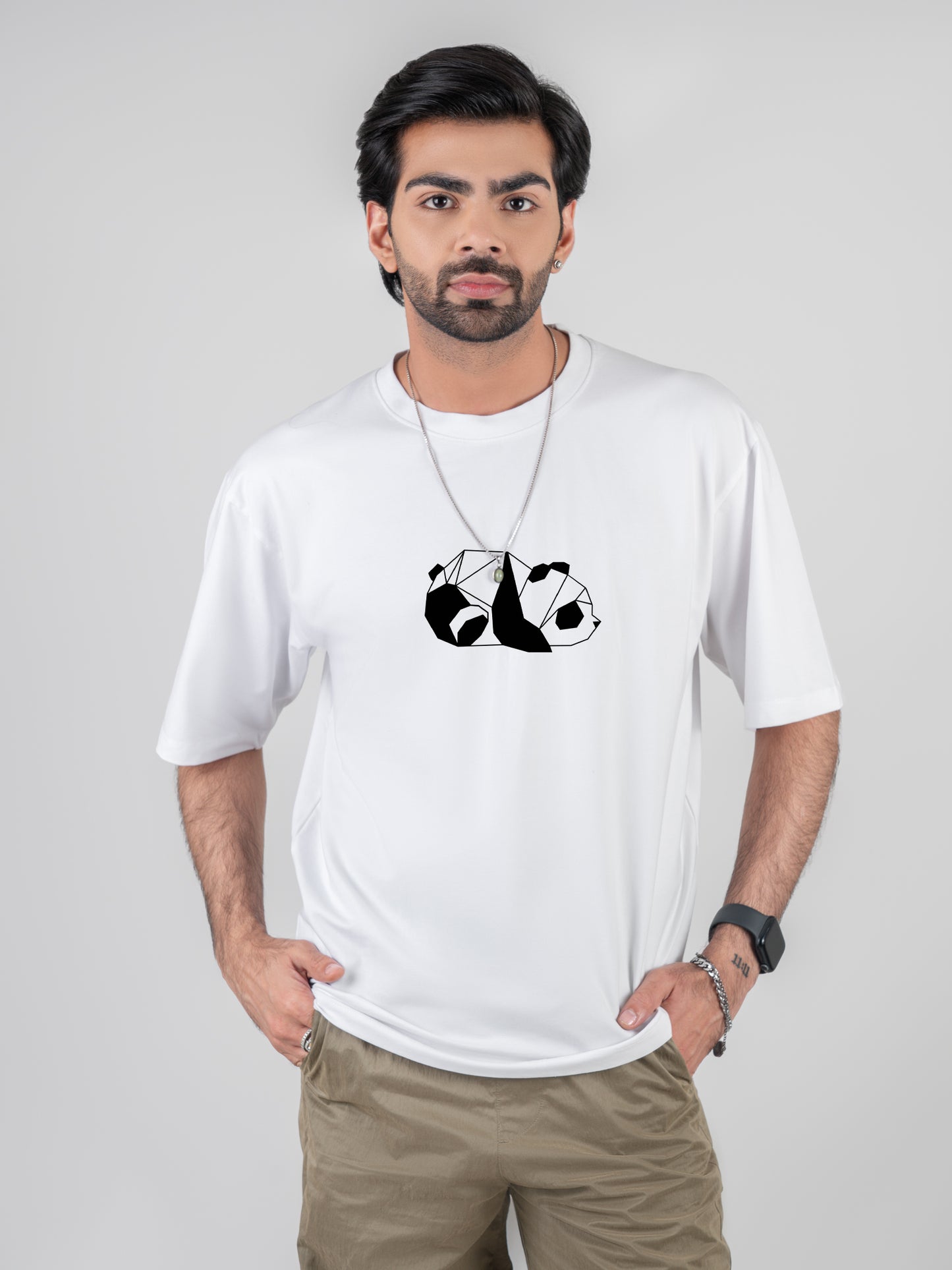 Panda Drop-shoulder White Cotten T-Shirt