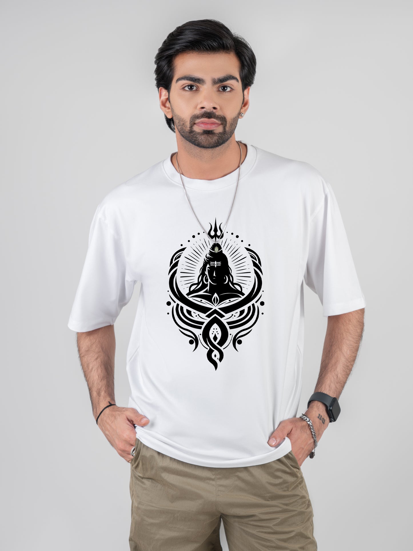 Shiva Trident Cotton Dropshoulder White T-shirt