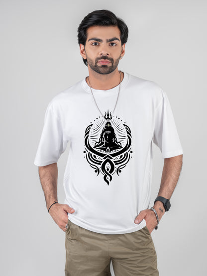 Shiva Trident Cotton Dropshoulder White T-shirt