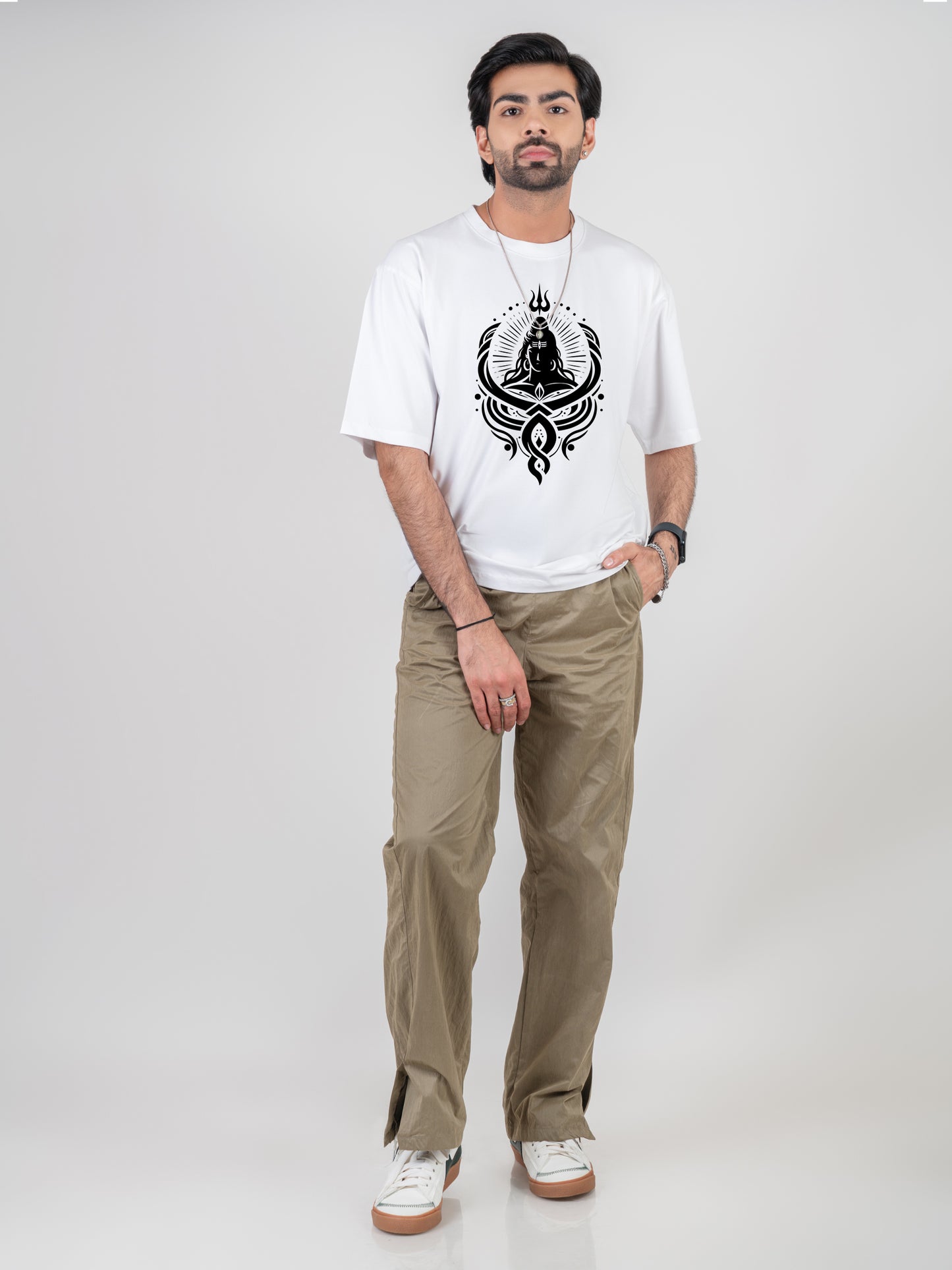 Shiva Trident Cotton Dropshoulder White T-shirt