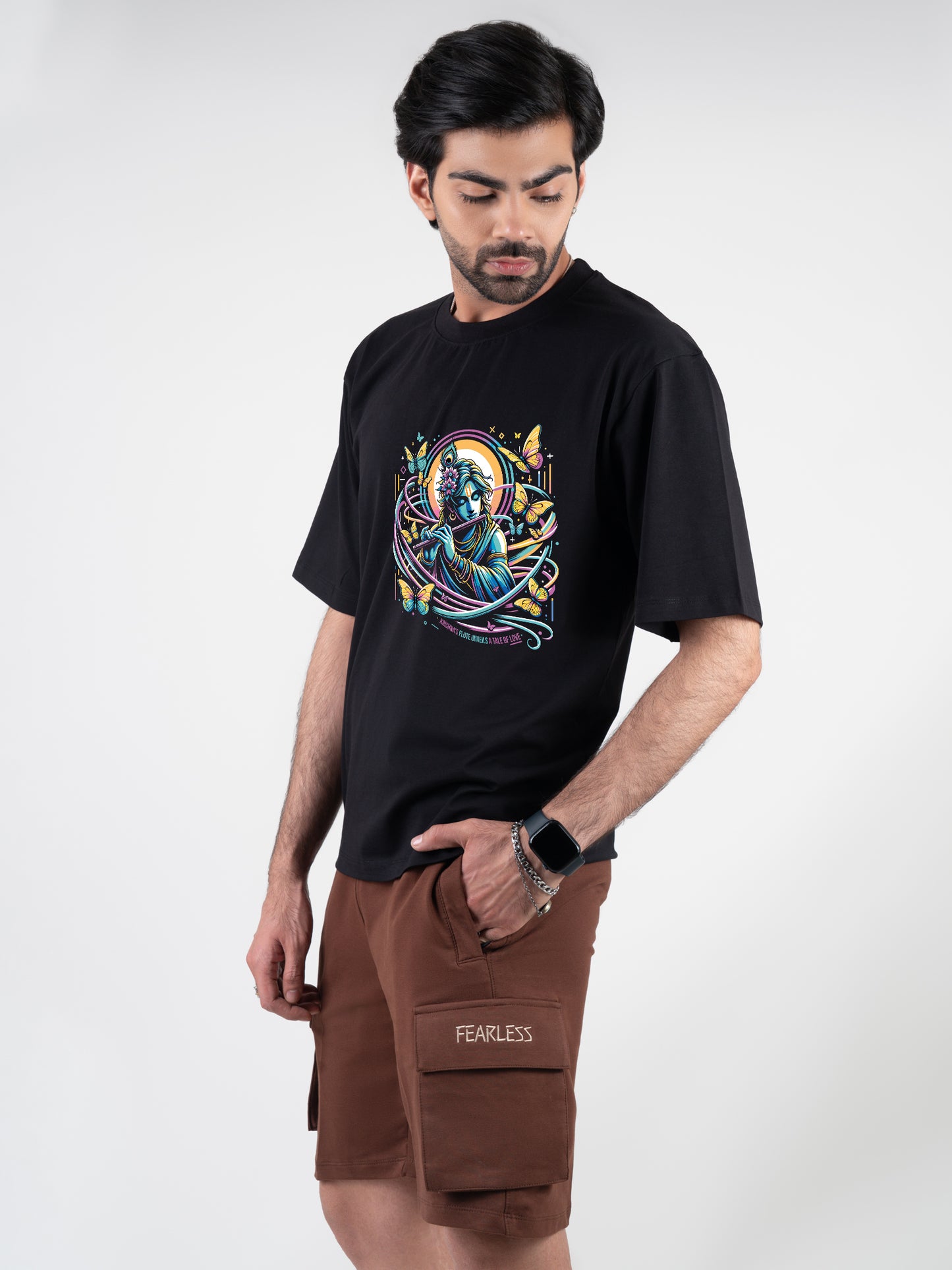 Krishna Flute Black DropShoulder T-Shirt