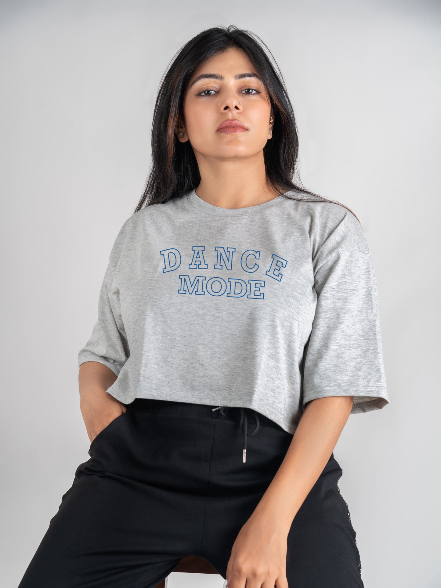 Dance Mode Print DropShoulder Crop Tee In Grey Melange