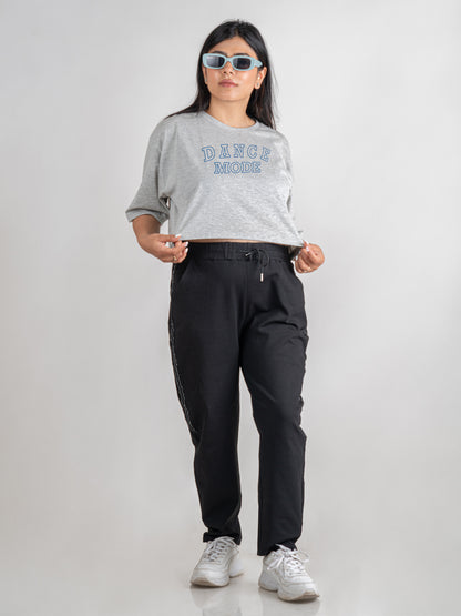 Dance Mode Print DropShoulder Crop Tee In Grey Melange