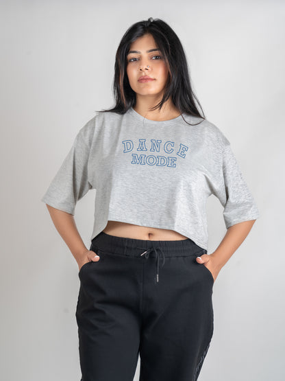 Dance Mode Print DropShoulder Crop Tee In Grey Melange