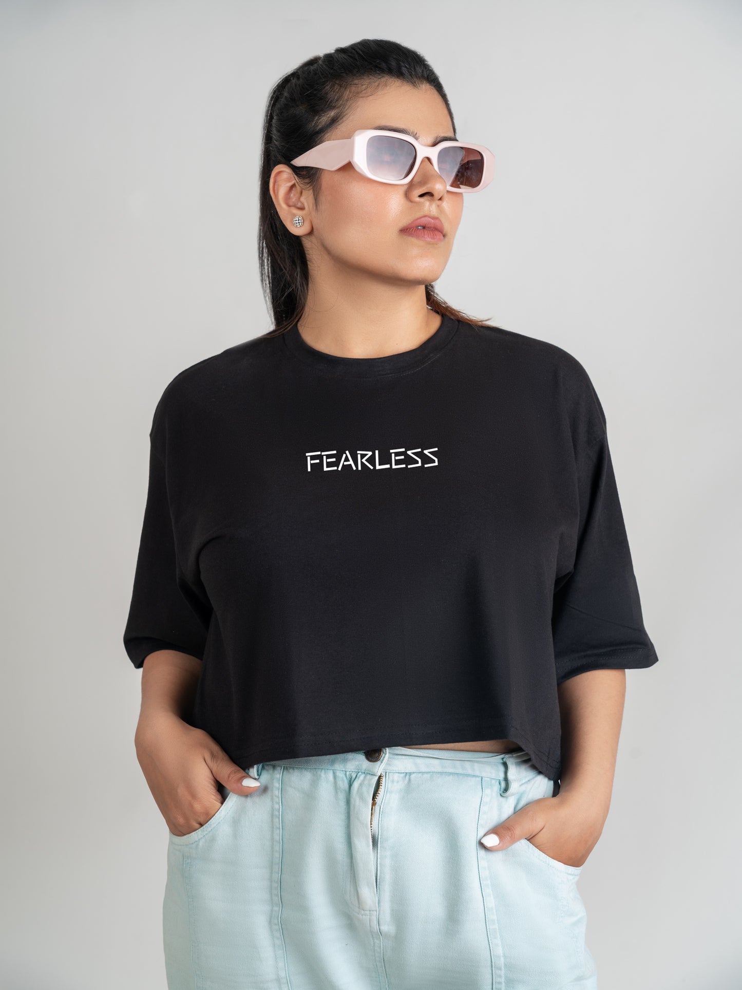 Fearless Black DropShoulder Crop Tee For Women