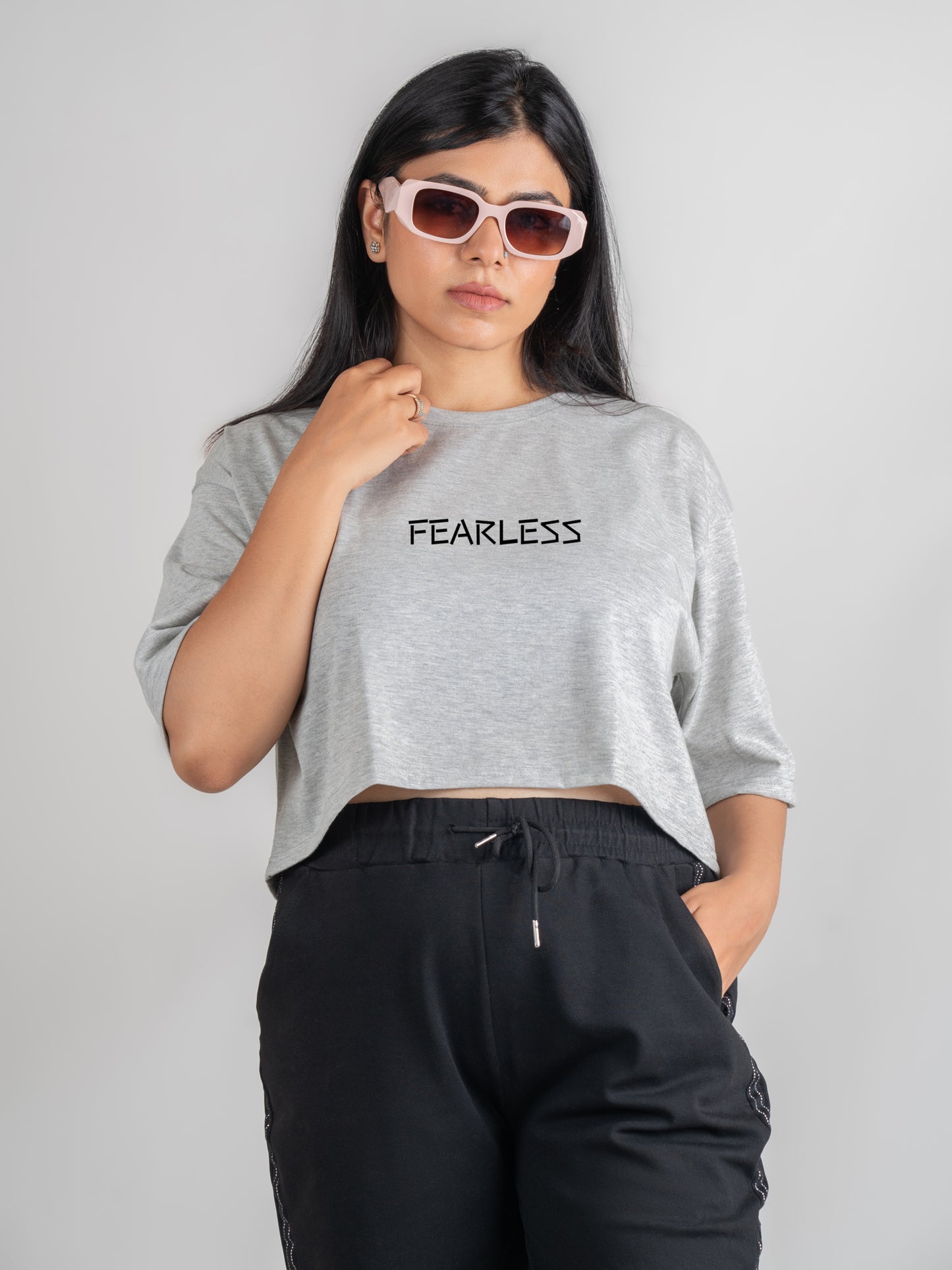 Fearless DropShoulder Crop Tee In Grey Melange